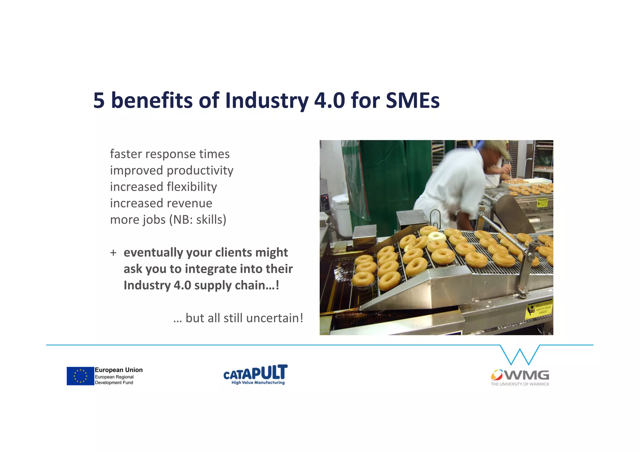 faster response times
improved productivity
increased flexibility
increased revenue
more jobs (NB: skills)
+ eventually your clients might
ask you to integrate into their
Industry 4.0 supply chain…!
… but all still uncertain!
5 benefits of Industry 4.0 for SMEs
 