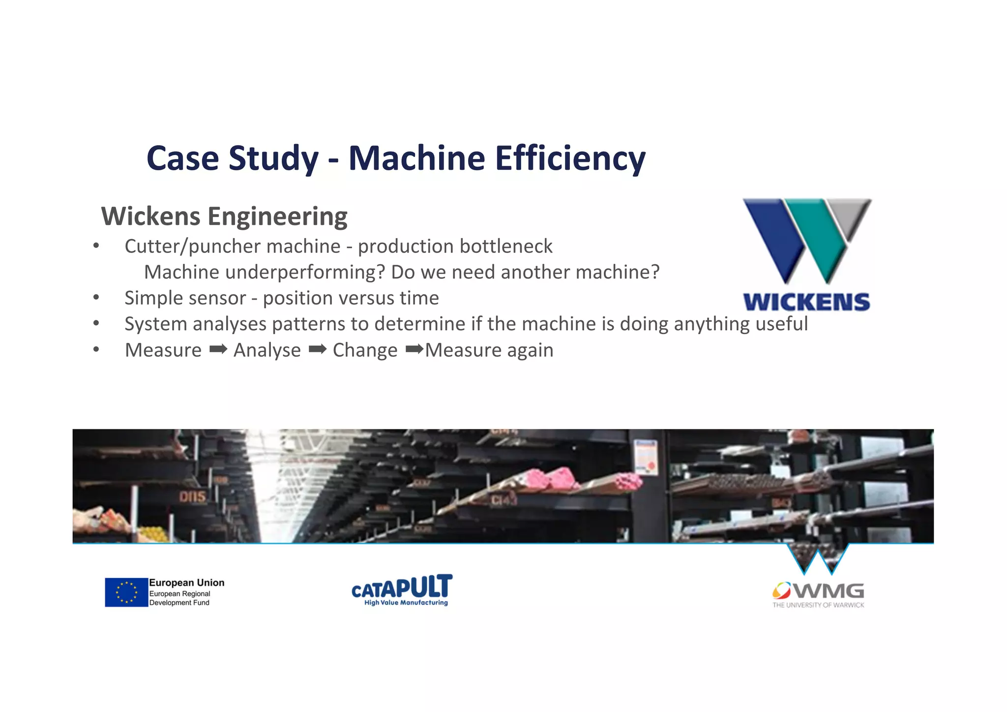 Wickens Engineering
• Cutter/puncher machine - production bottleneck
Machine underperforming? Do we need another machine?
• Simple sensor - position versus time
• System analyses patterns to determine if the machine is doing anything useful
• Measure ➡ Analyse ➡ Change ➡Measure again
Case Study - Machine Efficiency
 