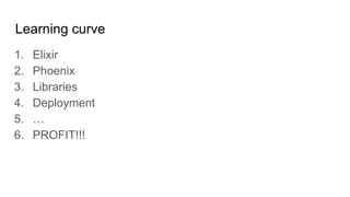 Learning curve
1. Elixir
2. Phoenix
3. Libraries
4. Deployment
5. …
6. PROFIT!!!
 