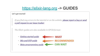 https://elixir-lang.org -> GUIDES
 
