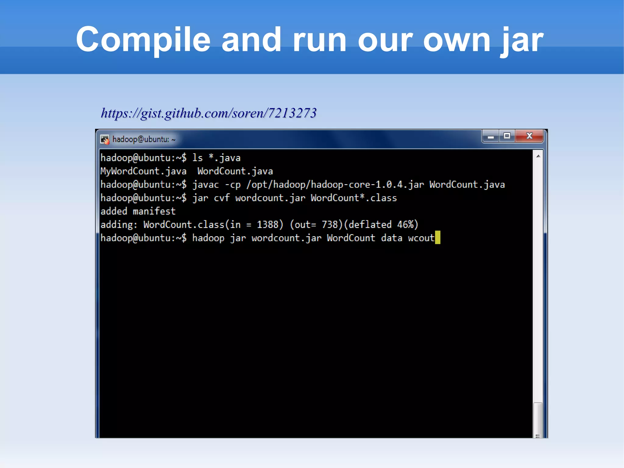 Compile and run our own jar
https://gist.github.com/soren/7213273

 