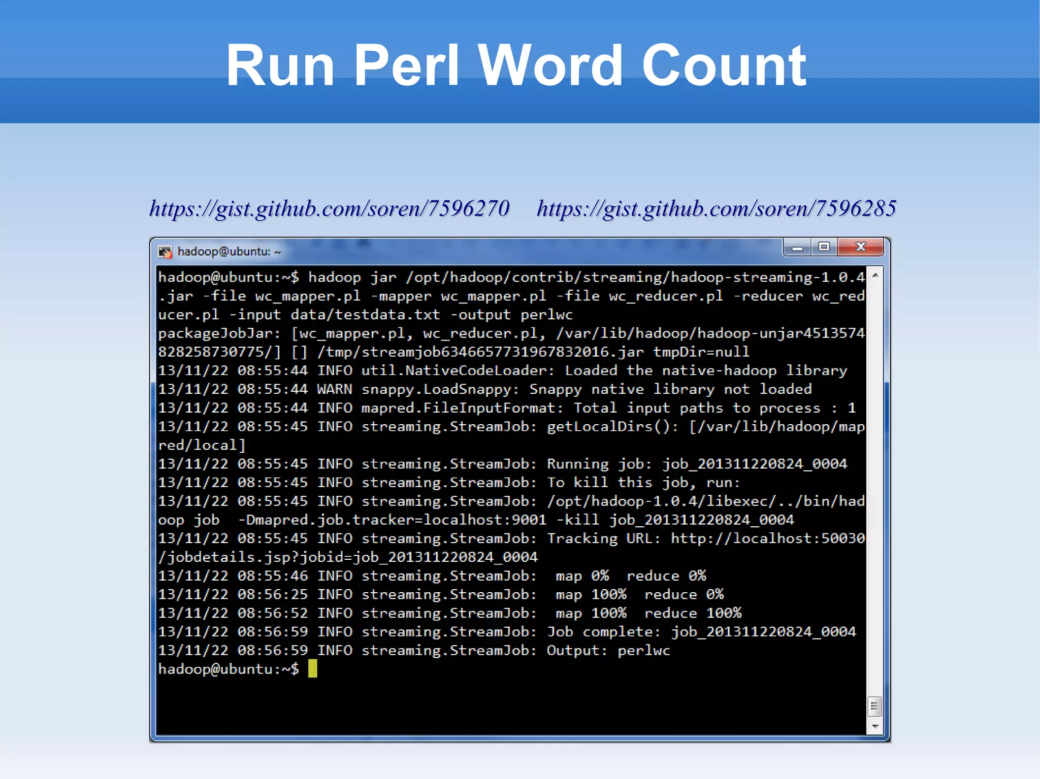 Run Perl Word Count
https://gist.github.com/soren/7596270

https://gist.github.com/soren/7596285

 