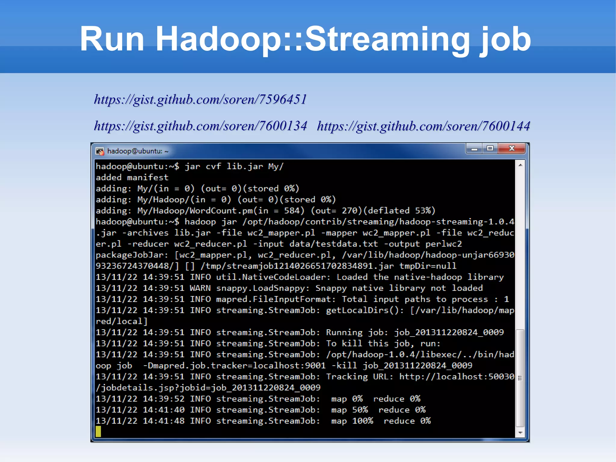 Run Hadoop::Streaming job
https://gist.github.com/soren/7596451
https://gist.github.com/soren/7600134 https://gist.github.com/soren/7600144

 