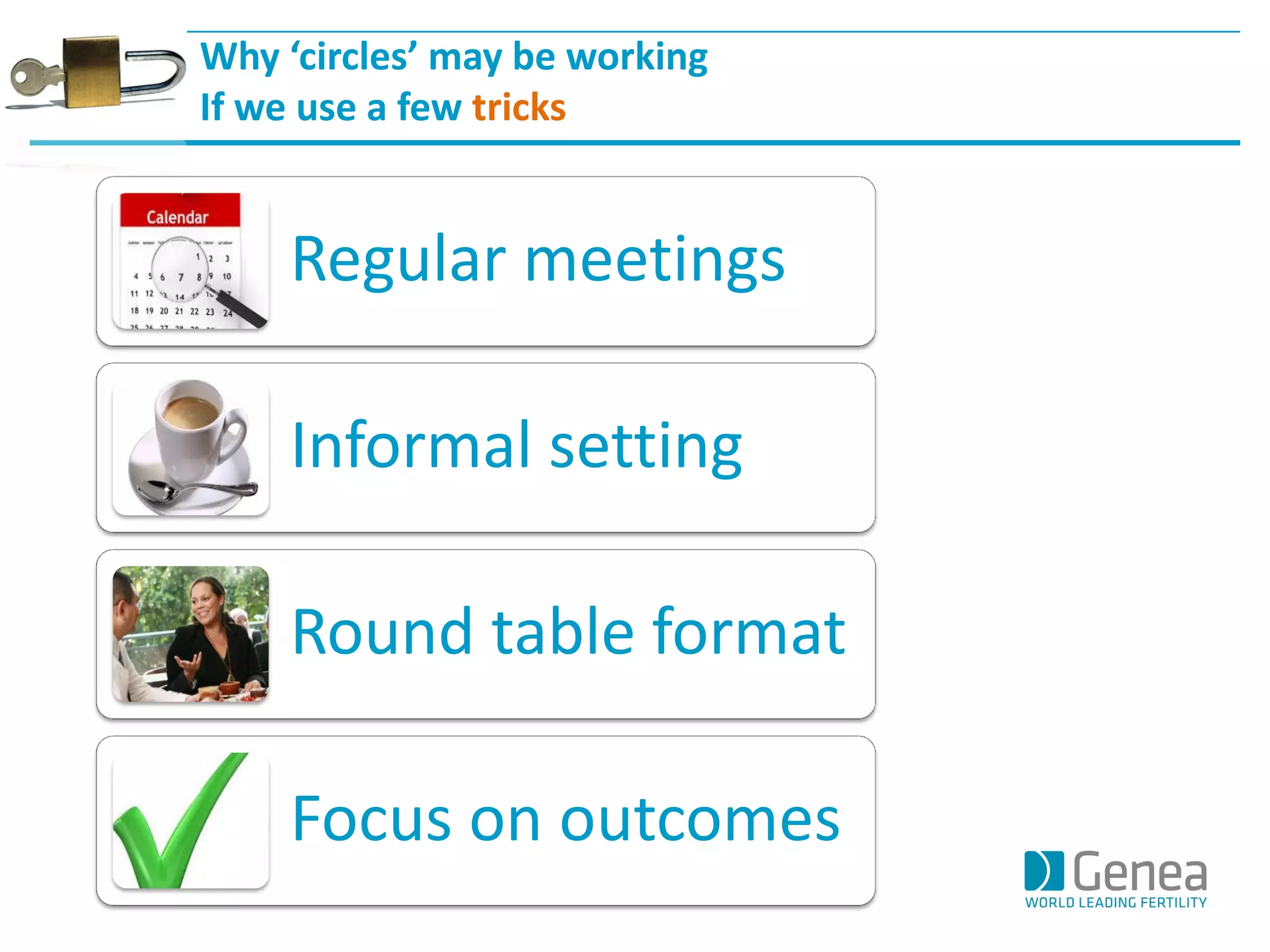 Why ‘circles’ may be working 
If we use a few tricks 
Regular meetings 
Informal setting 
Round table format 
Focus on outcomes  