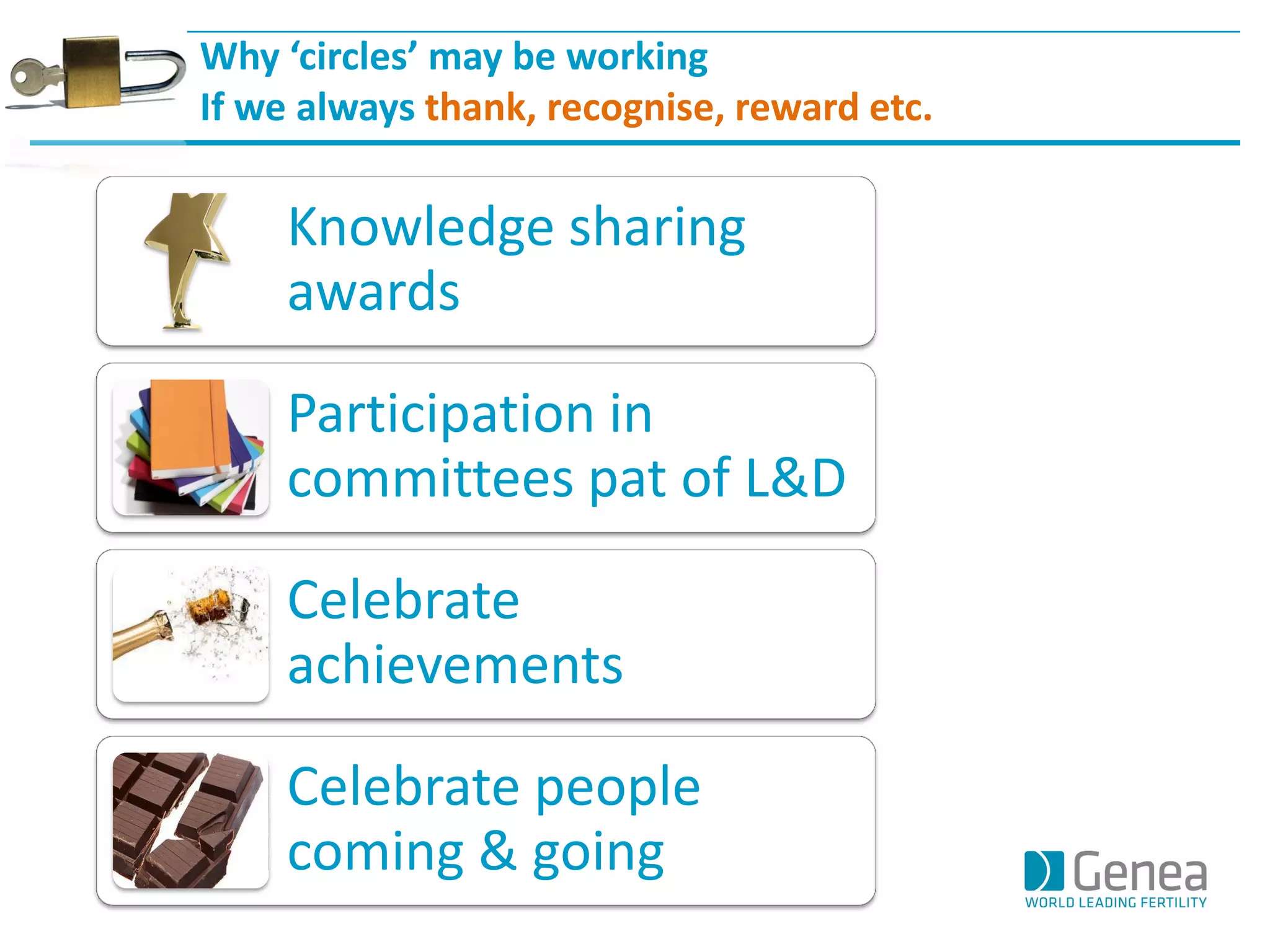 Why ‘circles’ may be working 
If we always thank, recognise, reward etc. 
Knowledge sharing awards 
Participation in committees pat of L&D 
Celebrate achievements 
Celebrate people coming & going  