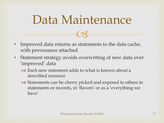 Data Maintenance 
 
• Improved data returns as statements to the data cache, 
with provenance attached 
• Statement strategy avoids overwriting of new data over 
‘improved’ data 
 Each new statement adds to what is known about a 
described resource 
 Statements can be cherry picked and exposed to others in 
statements or records, in ‘flavors’ or as a ‘everything we 
have’ 
Playing with Jane, Hawaii, 12/2014 17 
 