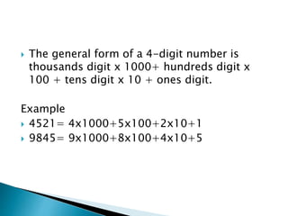  The general form of a 4-digit number is
thousands digit x 1000+ hundreds digit x
100 + tens digit x 10 + ones digit.
Example
 4521= 4x1000+5x100+2x10+1
 9845= 9x1000+8x100+4x10+5
 