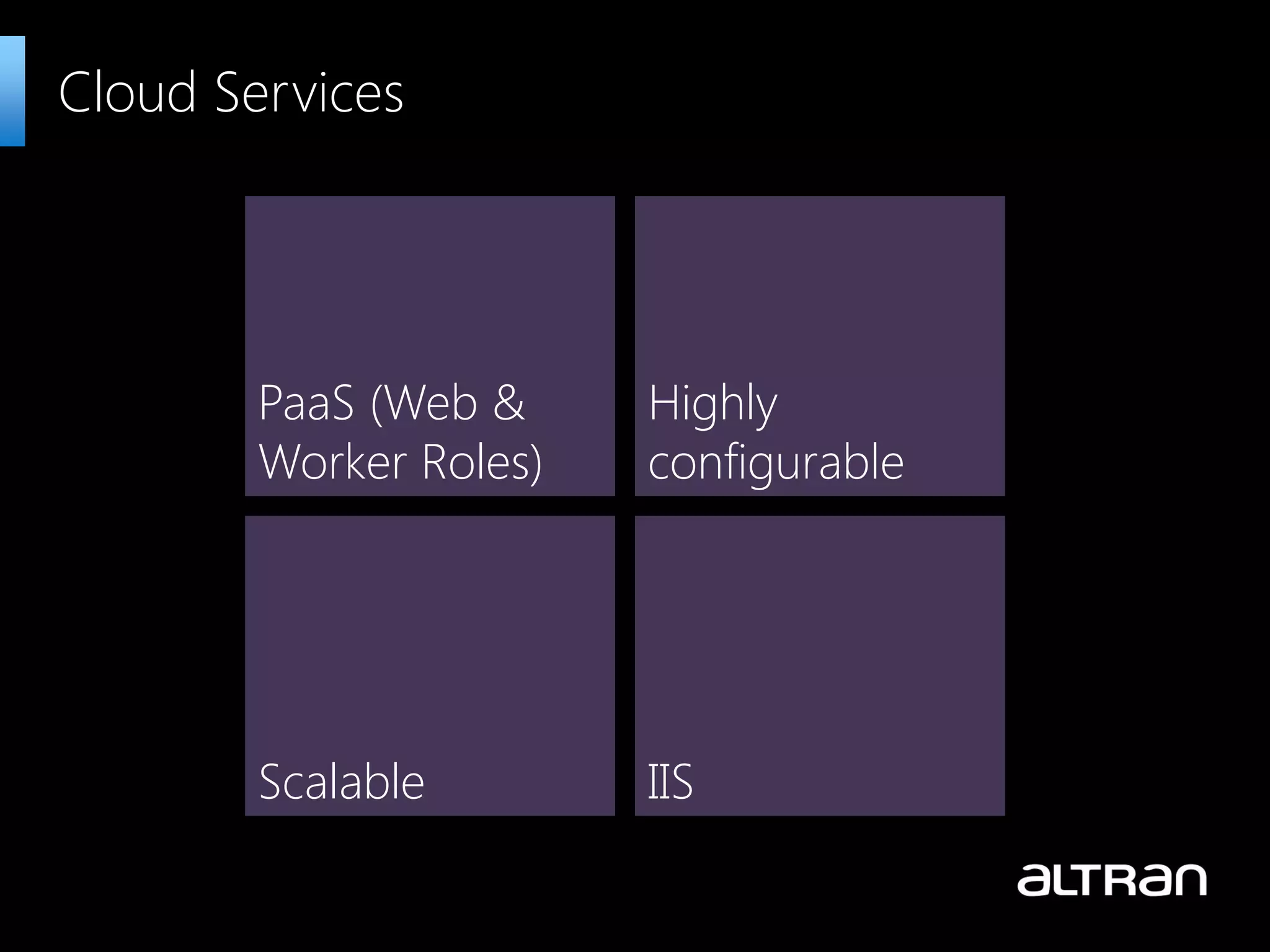 Cloud Services Highly configurable IIS PaaS (Web & Worker Roles) Scalable 
