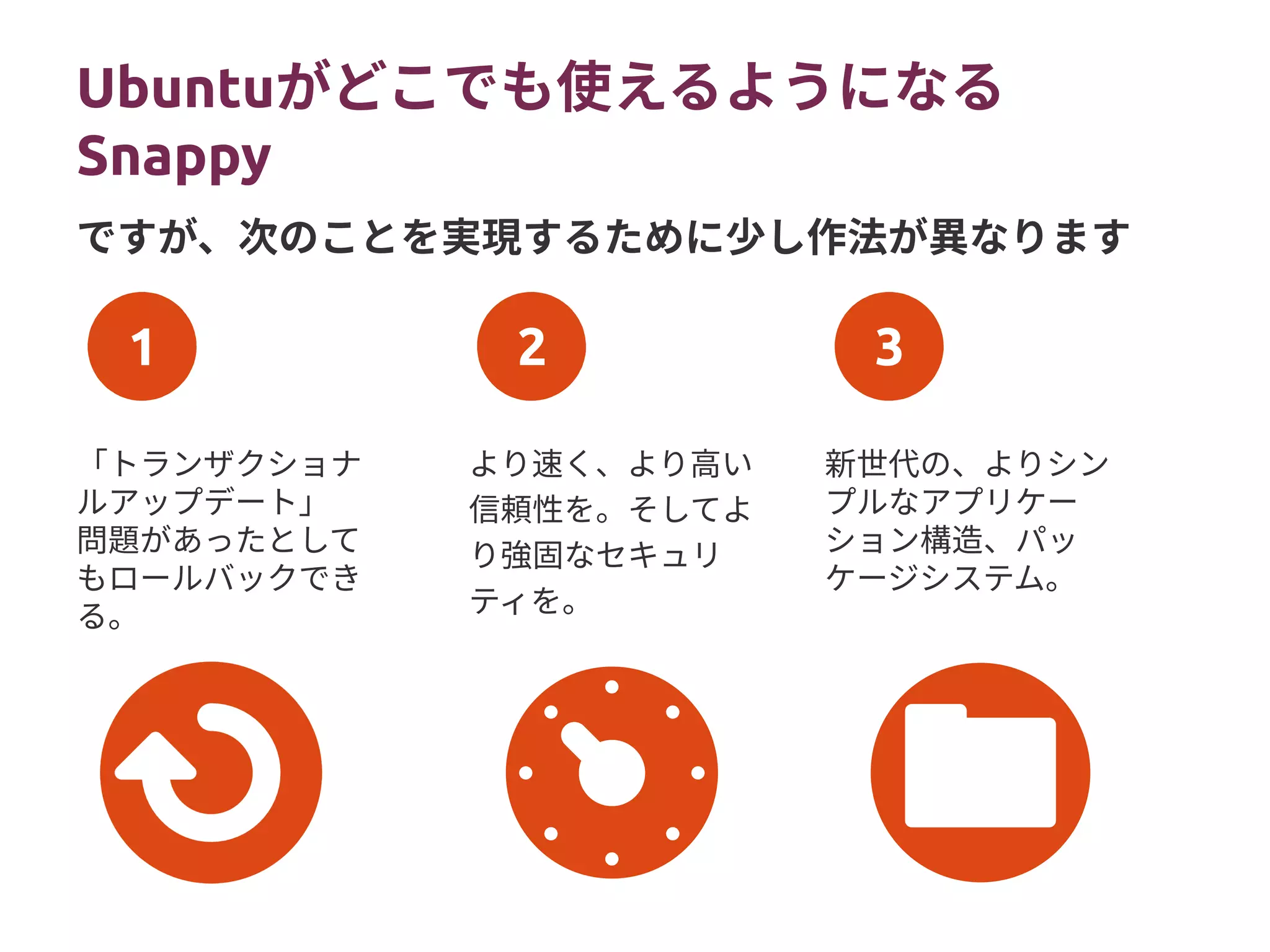 1 2 3
Ubuntuがどこでも使えるようになる
Snappy
「トランザクショナ
ルアップデート」
問題があったとして
もロールバックでき
る。
より速く、より高い
信頼性を。そしてよ
り強固なセキュリ
ティを。
新世代の、よりシン
プルなアプリケー
ション構造、パッ
ケージシステム。
ですが、次のことを実現するために少し作法が異なります
 