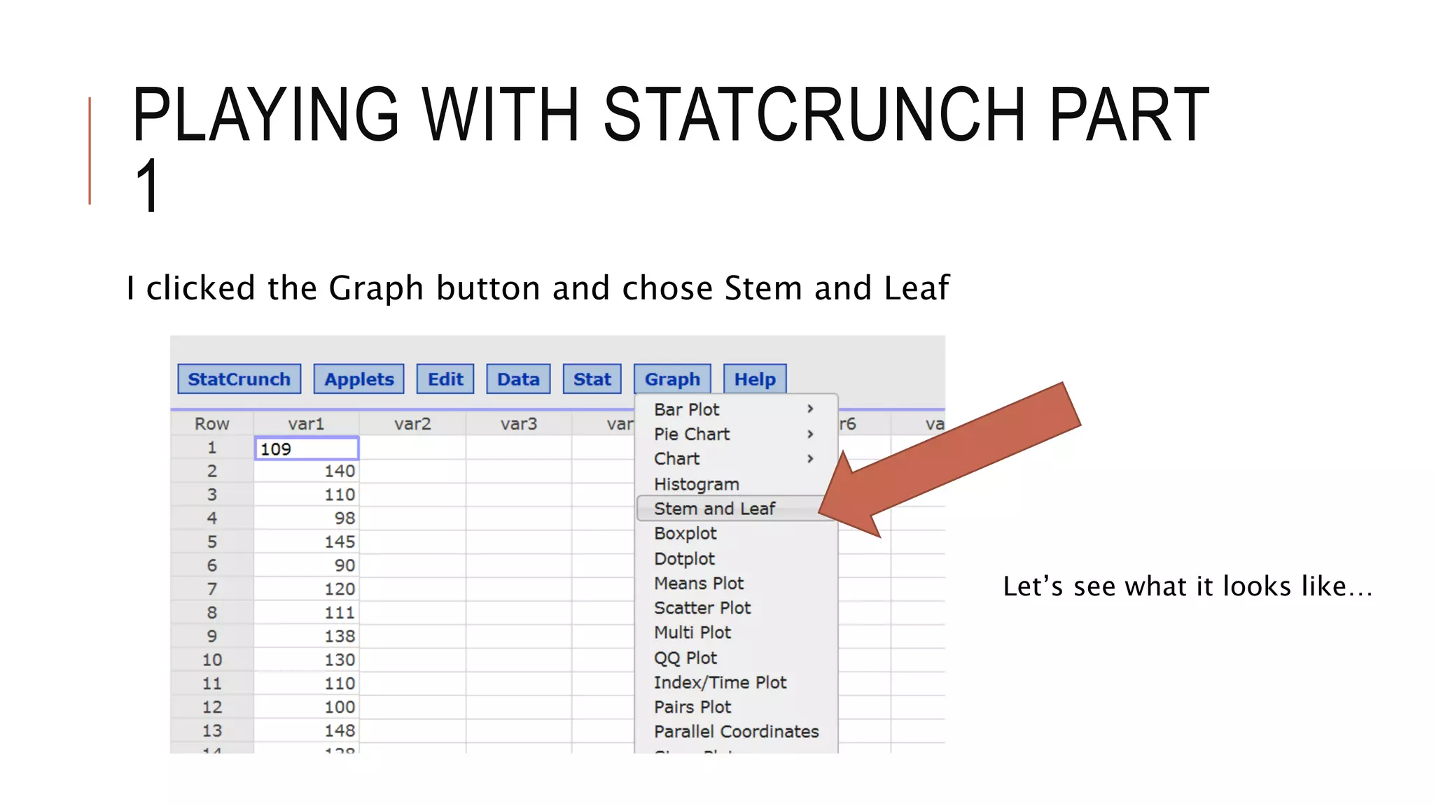 PLAYING WITH STATCRUNCH PART
1
I clicked the Graph button and chose Stem and Leaf
Let’s see what it looks like…
 