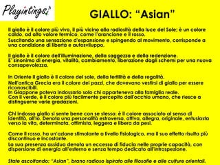 GIALLO: “Asian”   Il giallo è il colore più vivo, il più vicino alla radiosità della luce del Sole; è un colore caldo, ad alto valore termico, come l’arancione e il rosso.  Suscitando una sensazione d'espansione e spingendo al movimento, corrisponde a una condizione di libertà e autosviluppo.  Il giallo è il colore dell'illuminazione, della saggezza e della redenzione. E’ sinonimo di energia, vitalità, cambiamento, liberazione dagli schemi per una nuova consapevolezza. In Oriente il giallo è il colore del sole, della fertilità e della regalità.  Nell'antica Grecia era il colore dei pazzi, che dovevano vestirsi di giallo per essere riconoscibili. In Giappone poteva indossarlo solo chi apparteneva alla famiglia reale.  Con il verde, è il colore più facilmente percepito dall'occhio umano, che riesce a distinguerne varie gradazioni.  Chi indossa giallo si sente bene con se stesso: è il colore associato al senso di identità, all'Io. Denota una personalità estroversa, attiva, allegra, originale, entusiasta verso la vita, determinata, ottimista, leggera e libera da pesi. Come il rosso, ha un’azione stimolante a livello fisiologico, ma il suo effetto risulta più discontinuo e incostante. La sua presenza assidua denota un eccesso di fiducia nelle proprie capacità, con dispersione di energia all’esterno e senza tempo dedicato all’introspezione. State ascoltando: “Asian”, brano radioso ispirato alle filosofie e alle culture orientali. 