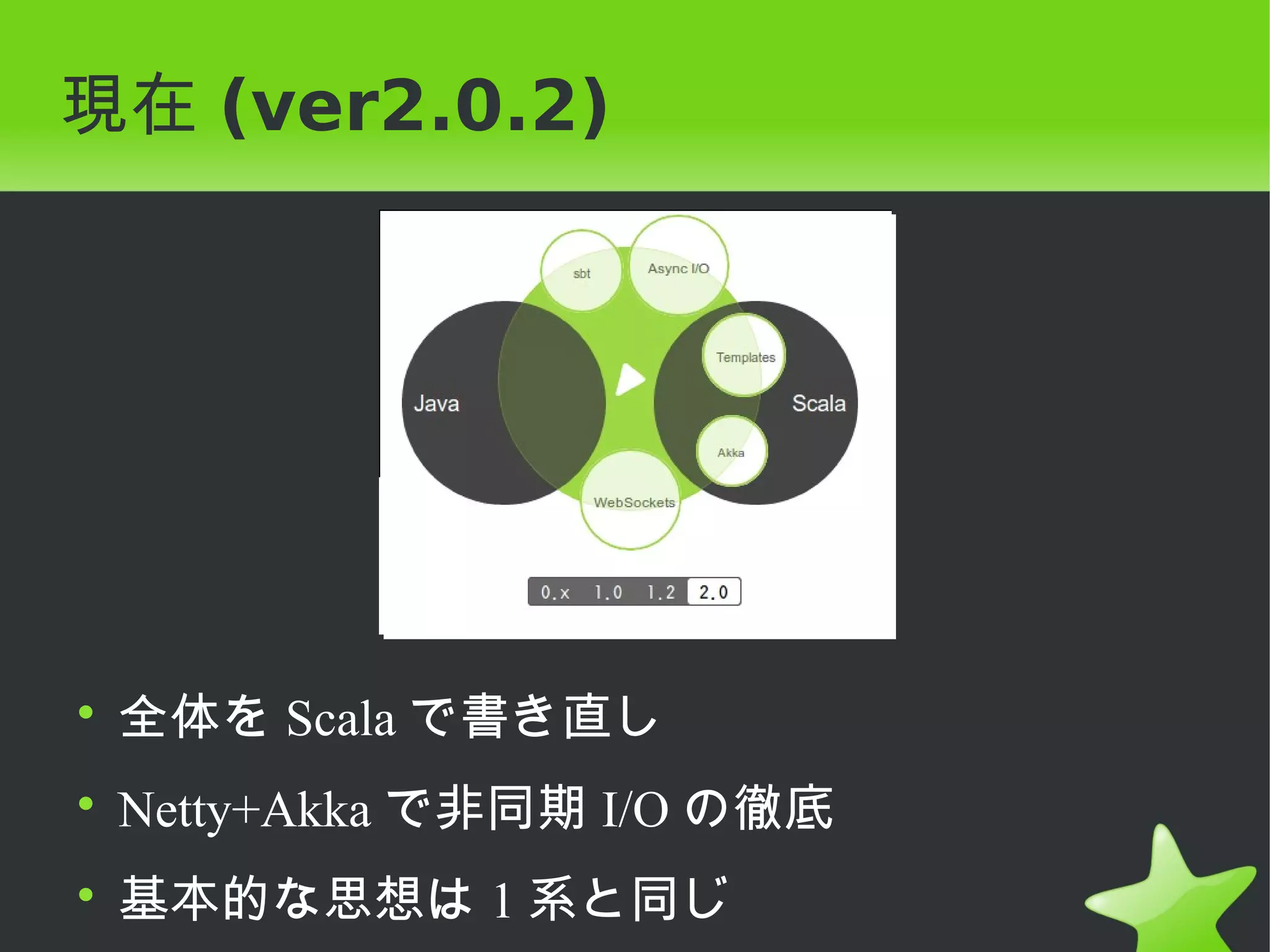 現在 (ver2.0.2)




• 全体を Scala で書き直し
• Netty+Akka で非同期 I/O の徹底
• 基本的な思想は 1 系と同じ
 