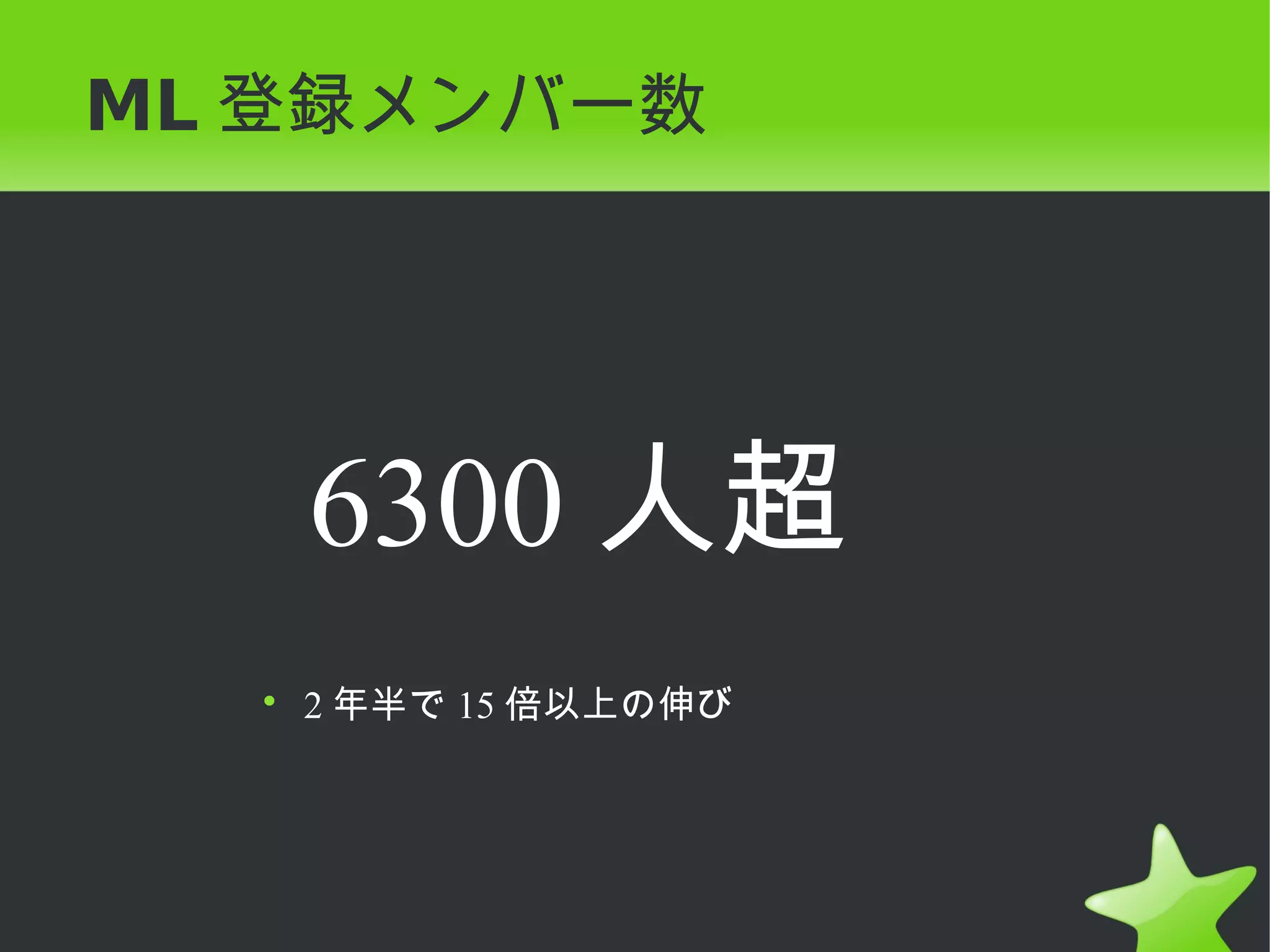 ML 登録メンバー数




   6300 人超
  • 2 年半で 15 倍以上の伸び
 