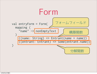 Form
val entryForm = Form(
mapping (
"name" -> nonEmptyText
)
((name: String) => Entrant(name = name))
((entrant: Entrant) => Some(entrant.name))
)
フォームフィールド
構築関数
分解関数
13年8月5日月曜日
 