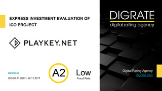 EXPRESS INVESTMENT EVALUATION OF
ICO PROJECT
playkey.io
ICO 01.11.2017 - 30.11.2017
Digital Rating Agency
digrate.comLowFraud Rate
 