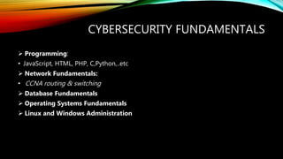 CYBERSECURITY FUNDAMENTALS
 Programming:
• JavaScript, HTML, PHP, C,Python,..etc
 Network Fundamentals:
• CCNA routing & switching
 Database Fundamentals
 Operating Systems Fundamentals
 Linux and Windows Administration
 