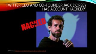 TWITTER CEO AND CO-FOUNDER JACK DORSEY
HAS ACCOUNT HACKED[*]
[*]Reference: https://www.wired.com/story/jack-dorsey-twitter-hacked/
 