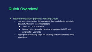 Quick Overview!
● Recommendations pipeline: Ranking Model
○ Use genre information, demographics data, and playlist popular...