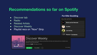 ● Discover tab
● Radio
● Related Artists
● Discover Weekly
● Playlist recs on “Now” Strip
Recommendations so far on Spotif...