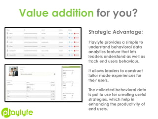 Value addition for you?
Strategic Advantage:
Playlyfe provides a simple to
understand behavioral data
analytics feature that lets
leaders understand as well as
track end users behaviour.
It allows leaders to construct
tailor made experiences for
their users.
The collected behavioral data
is put to use for creating useful
strategies, which help in
enhancing the productivity of
end users.
 