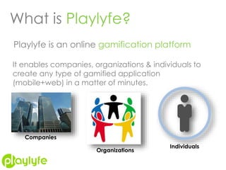 What is Playlyfe?
Playlyfe is an online gamification platform
It enables companies, organizations & individuals to
create any type of gamified application
(mobile+web) in a matter of minutes.
Companies
Organizations
Individuals
 