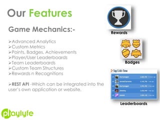Our Features
Game Mechanics:-
Advanced Analytics
Custom Metrics
Points, Badges, Achievements
Player/User Leaderboards
Team Leaderboards
Custom Team Structures
Rewards n Recognitions
REST API -Which can be integrated into the
user’s own application or website.
Rewards
Badges
Leaderboards
 