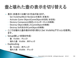 } /
◦ Set Visibility(Mesh Renderer / )
◦ Activate Game Object(GameObject / )
◦ Destory Component( )
◦ Destroy Object( GameObject )
◦ Destroy Self( GamObject )
} Set Visibility
} Setup( )
◦ Visible :
◦ Visible :
} Explosding
◦ Visible :
◦ Visible :
2016/1Copyright(C) 2016 . All Rights Reserved 109
 