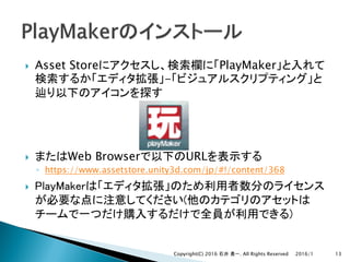 } Asset Store PlayMaker
-
} Web Browser URL
◦ https://www.assetstore.unity3d.com/jp/#!/content/368
}
2016/1Copyright(C) 2016 . All Rights Reserved 13
 