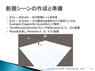 } [Ctrl + N](Cmd + N)
} [Ctrl + S] (Cmd + S) (
Example/Chapter06/Scene06 )
} ThridPersonController Position( 0, 0, -3)
} Plane Position( 0 , 0, 0 )
2016/1Copyright(C) 2016 . All Rights Reserved 139
 
