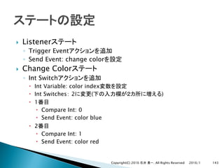 } Listener
◦ Trigger Event
◦ Send Event: change color
} Change Color
◦ Int Switch
– Int Variable: color index
– Int Switches 2 ( )
– 1
– Compare Int: 0
– Send Event: color blue
– 2
– Compare Int: 1
– Send Event: color red
2016/1Copyright(C) 2016 . All Rights Reserved 143
 