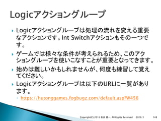 } Logic
Int Switch
}
}
} Logic URL
◦ https://hutonggames.fogbugz.com/default.asp?W456
2016/1Copyright(C) 2016 . All Rights Reserved 148
 