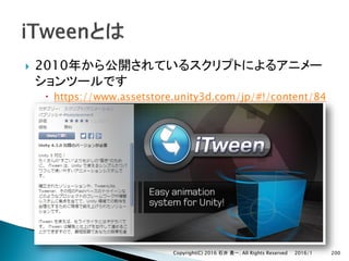 } 2010
– https://www.assetstore.unity3d.com/jp/#!/content/84
2016/1Copyright(C) 2016 . All Rights Reserved 200
 