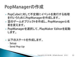 } PopCube
PopManager
} PopManager
} PopManager PlayMaker Editor
}
◦ Setup
◦ Send Pop Up
2016/1Copyright(C) 2016 . All Rights Reserved 224
 