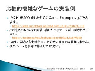 } M2H C# Game Examples
◦ https://www.assetstore.unity3d.com/jp/#!/content/116
} PlayMaker
◦ https://hutonggames.fogbugz.com/default.asp?W880
}
}
2016/1Copyright(C) 2016 . All Rights Reserved 232
 