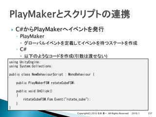 } C# PlayMaker
◦ PlayMaker
–
◦ C#
– ( )
2016/1Copyright(C) 2016 . All Rights Reserved 237
; .; ; ;
; :" ;
C B ) ; B E
) ( ) ( )
B ;
E
( )"( :" B ;
F
F
 