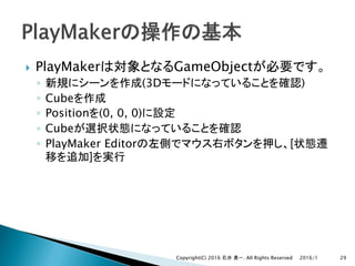 } PlayMaker GameObject
◦ (3D )
◦ Cube
◦ Position (0, 0, 0)
◦ Cube
◦ PlayMaker Editor [
]
2016/1Copyright(C) 2016 . All Rights Reserved 29
 