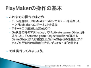 }
◦ Cube PlayMaker Editor
PlayMaker
◦ (On Off)
◦ On Activate game Object
Activate game Object
GameObject GameObject (
)
}
2016/1Copyright(C) 2016 . All Rights Reserved 39
 