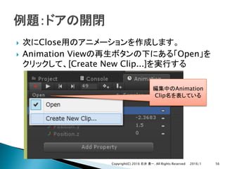 } Close
} Animation View Open
[Create New Clip...]
2016/1Copyright(C) 2016 . All Rights Reserved 56
Animation
Clip
 