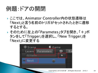 } Animator Controller
Next
} Parametes
Trigger New Trigger
Next
2016/1Copyright(C) 2016 . All Rights Reserved 64
 