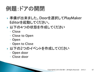 } Door PlayMaker
Editor
}
◦ Close
◦ Close to Open
◦ Open
◦ Open to Close
} 2
◦ Open door
◦ Close door
2016/1Copyright(C) 2016 . All Rights Reserved 67
 