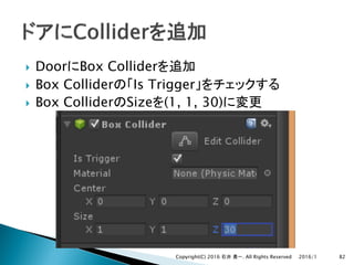 } Door Box Collider
} Box Collider Is Trigger
} Box Collider Size (1, 1, 30)
2016/1Copyright(C) 2016 . All Rights Reserved 82
 