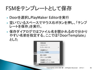 } Door PlayMaker Editor
}
}
DoorTemplate
2016/1Copyright(C) 2016 . All Rights Reserved 86
 