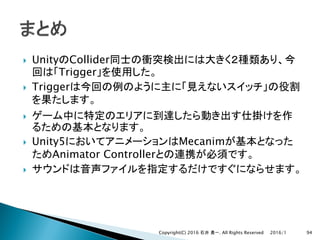 } Unity Collider
Trigger
} Trigger
}
} Unity5 Mecanim
Animator Controller
}
2016/1Copyright(C) 2016 . All Rights Reserved 94
 