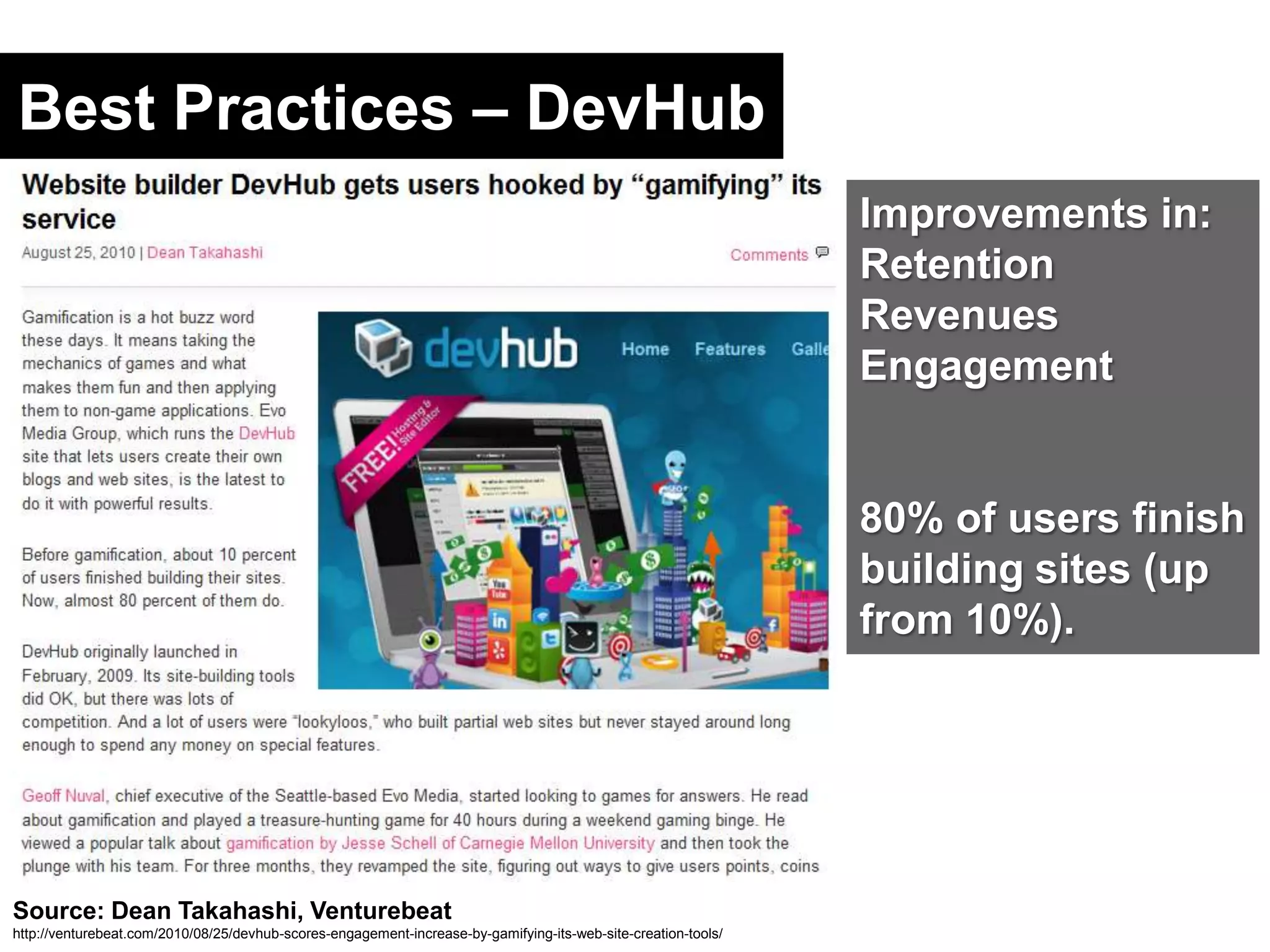 Best Practices – DevHubImprovements in:RetentionRevenuesEngagement80% of users finish building sites (up from 10%).Source: Dean Takahashi, Venturebeathttp://venturebeat.com/2010/08/25/devhub-scores-engagement-increase-by-gamifying-its-web-site-creation-tools/