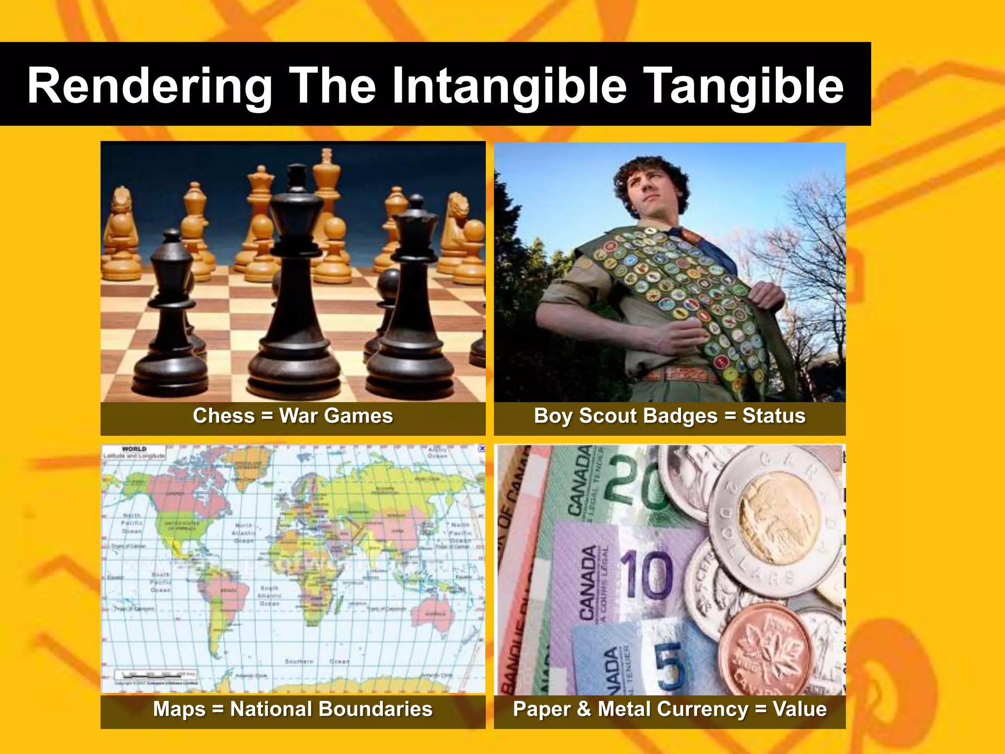 Rendering The Intangible TangibleBoy Scout Badges = StatusChess = War GamesMaps = National BoundariesPaper & Metal Currency = Value