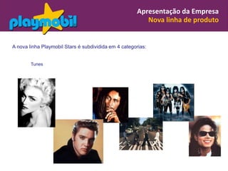 Apresentação da Empresa
                                                         Nova linha de produto


A nova linha Playmobil Stars é subdividida em 4 categorias:


        Tunes
 