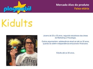 Mercado Alvo do produto
                              Faixa etária




 Jovens de 20 a 35 anos, segundo estudiosos das áreas
              de Marketing e Psicologia.

Outros argumentam: adolescência atual vai até os 30 anos,
 quando se obtém independência emocional e financeira.




                 Kidults até os 50 anos.
 