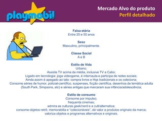 Mercado Alvo do produto
                                                                       Perfil detalhado

                                             Faixa etária
                                          Entre 20 e 50 anos

                                                Sexo
                                      Masculino, principalmente.

                                            Classe Social
                                                AeB

                                            Estilo de Vida
                                                Urbano;
                        Assiste TV acima da média, inclusive TV a Cabo;
         Ligado em tecnologia: joga videogame, é internauta e participa de redes sociais;
         Ainda assim é apegado ao tato: compra livros e Hqs tradicionais e os coleciona;
Consome séries de humor, policial-científico, suspenses, ficção científica, desenhos de temática adulta
      (South Park, Simpsons, etc) e séries antigas que marcaram sua infância/adolescência;

                                        Estilo de consumo
                                      Consome por impulso;
                                        frequenta cinemas;
                         admira as culturas geek/nerd e a cult/alternativa;
    consome objetos retrô, memorabilia e “colecionáveis”, dá valor a produtos originais da marca;
                       valoriza objetos e programas alternativos e originais.
 