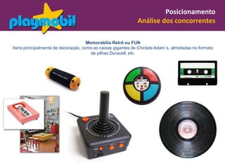Posicionamento
                                                             Análise dos concorrentes

                                     Memorabilia Retrô ou FUN
Itens principalmente de decoração, como as caixas gigantes de Chiclete Adam´s, almofadas no formato
                                       de pilhas Duracell, etc.
 