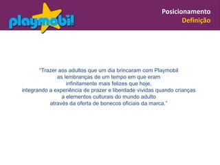 Posicionamento
                                                               Definição




       “Trazer aos adultos que um dia brincaram com Playmobil
              as lembranças de um tempo em que eram
                  infinitamente mais felizes que hoje,
integrando a experiência de prazer e liberdade vividas quando crianças
                a elementos culturais do mundo adulto
           através da oferta de bonecos oficiais da marca.”
 